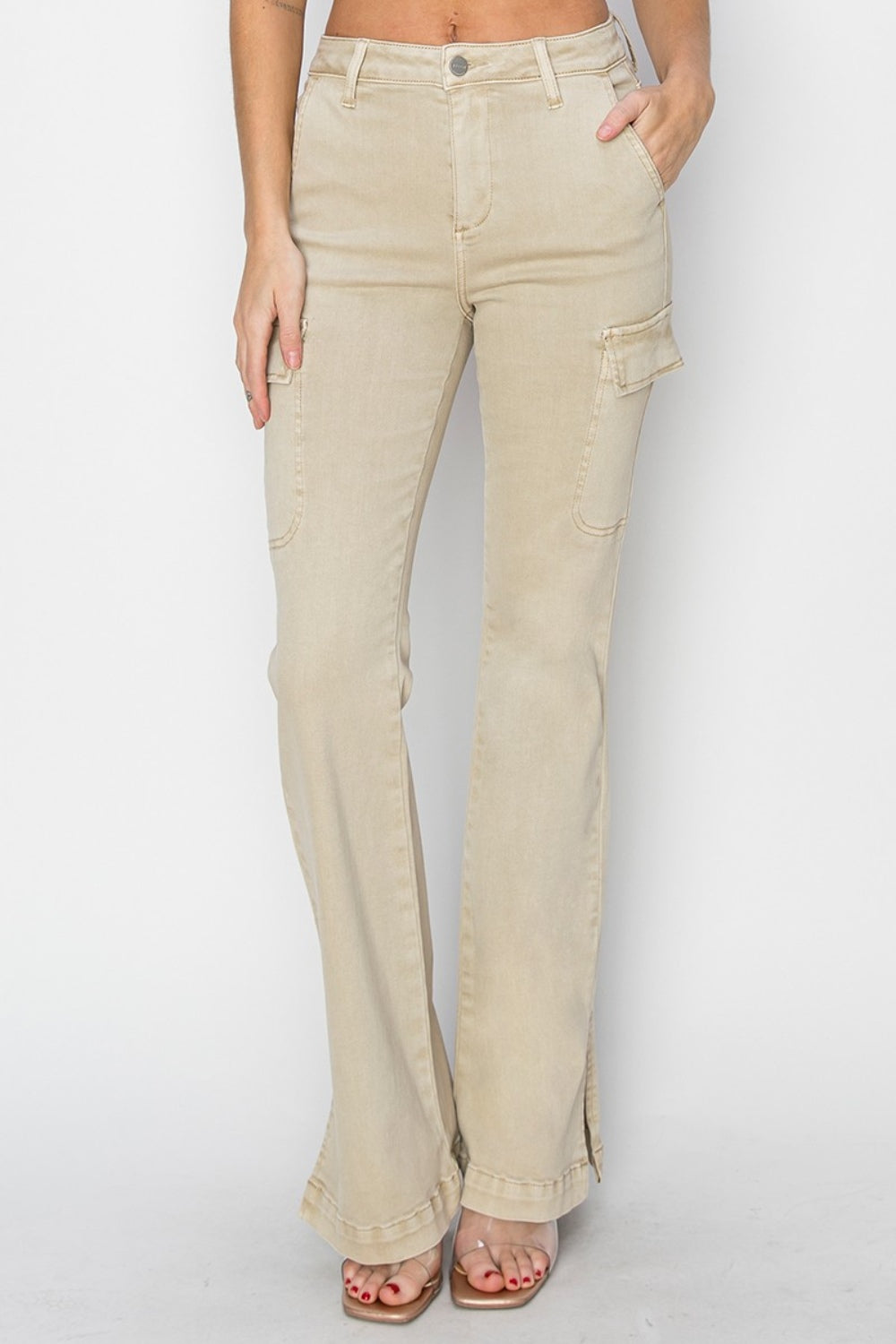 Sunshine On My Mind Side Slit Cargo Bootcut Jeans (STONE)