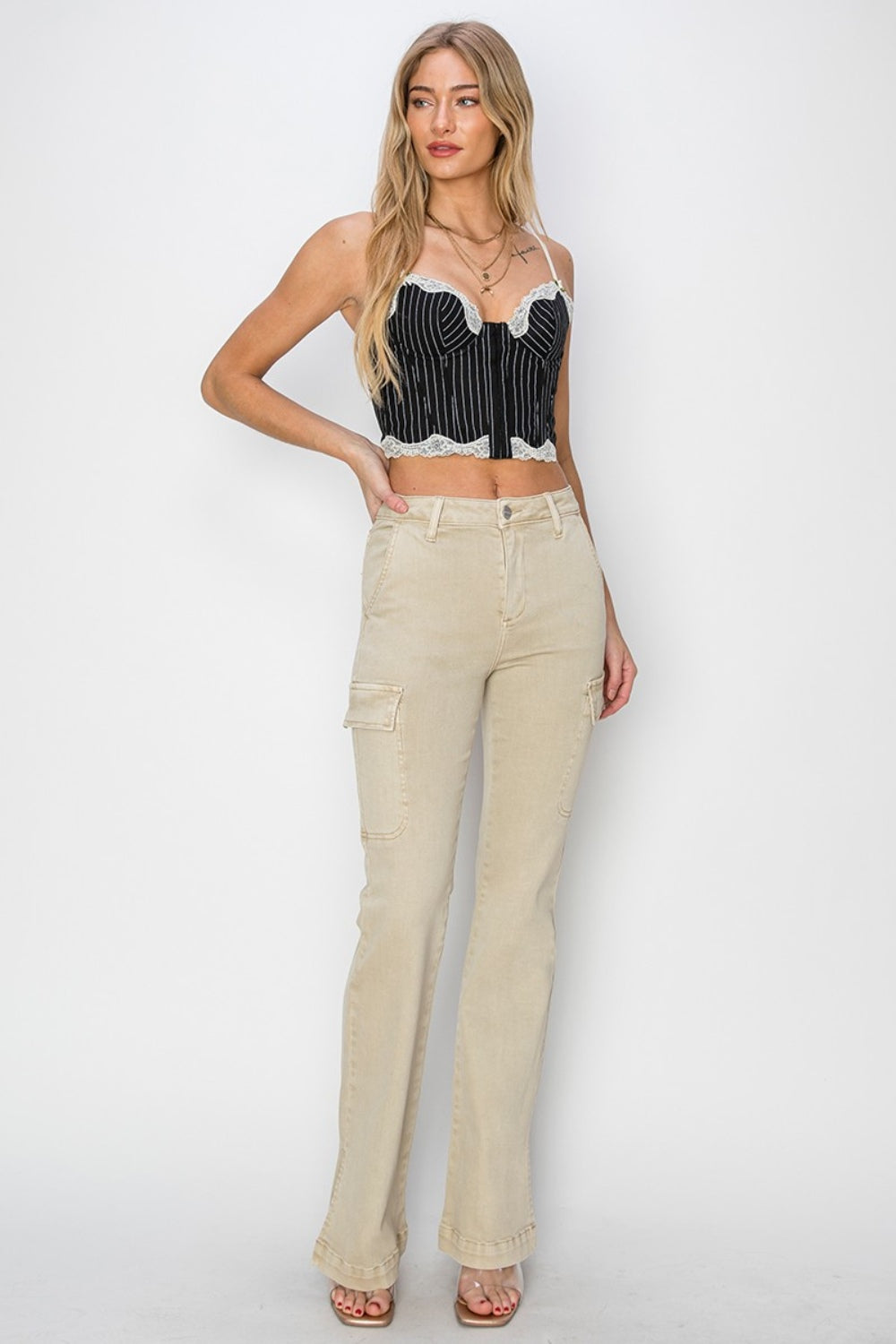 Sunshine On My Mind Side Slit Cargo Bootcut Jeans (STONE)