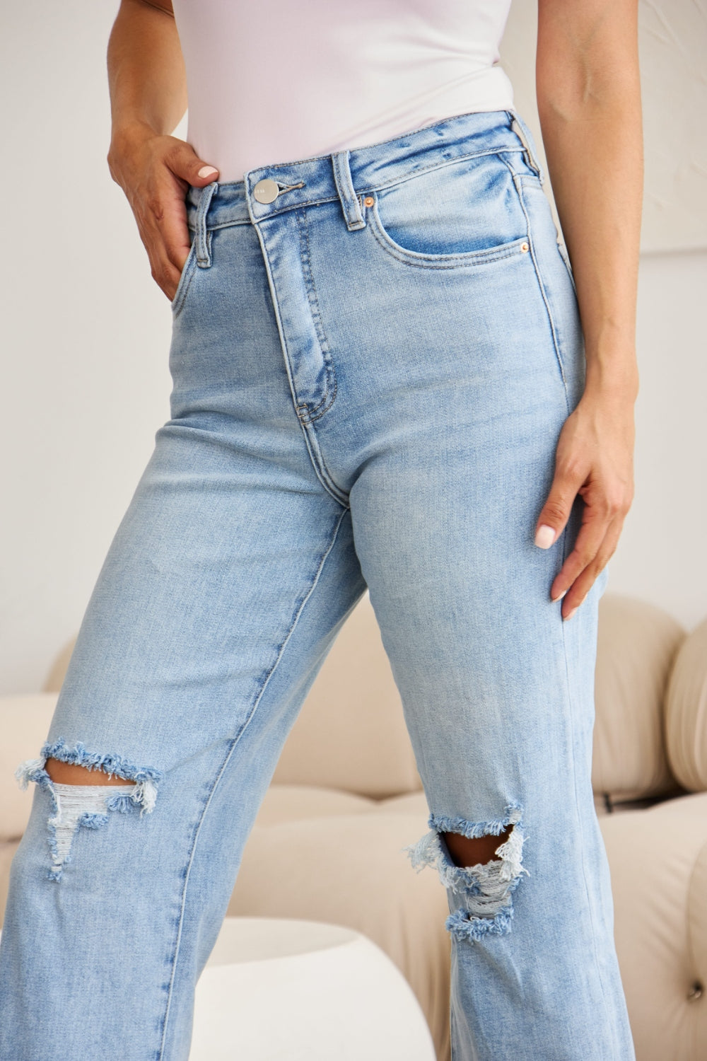 Tummy Control High Waist Raw Hem Jeans In Light Potassium