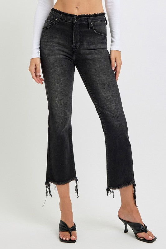 Retro Charm Raw Hem Cropped Flare Jeans