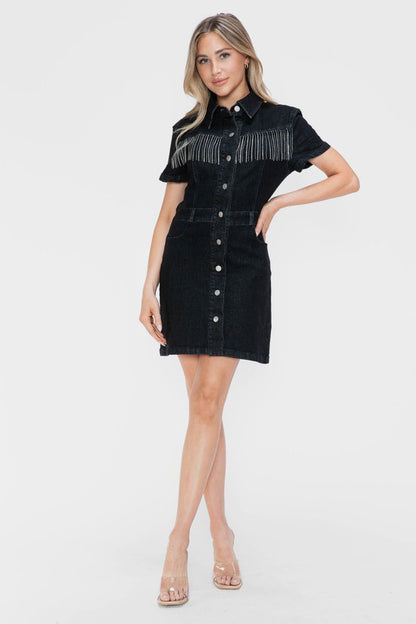 Chic Fringe Denim Button-Up Dress