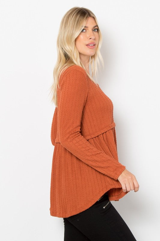 Textured & Twirly Babydoll Top-Rust