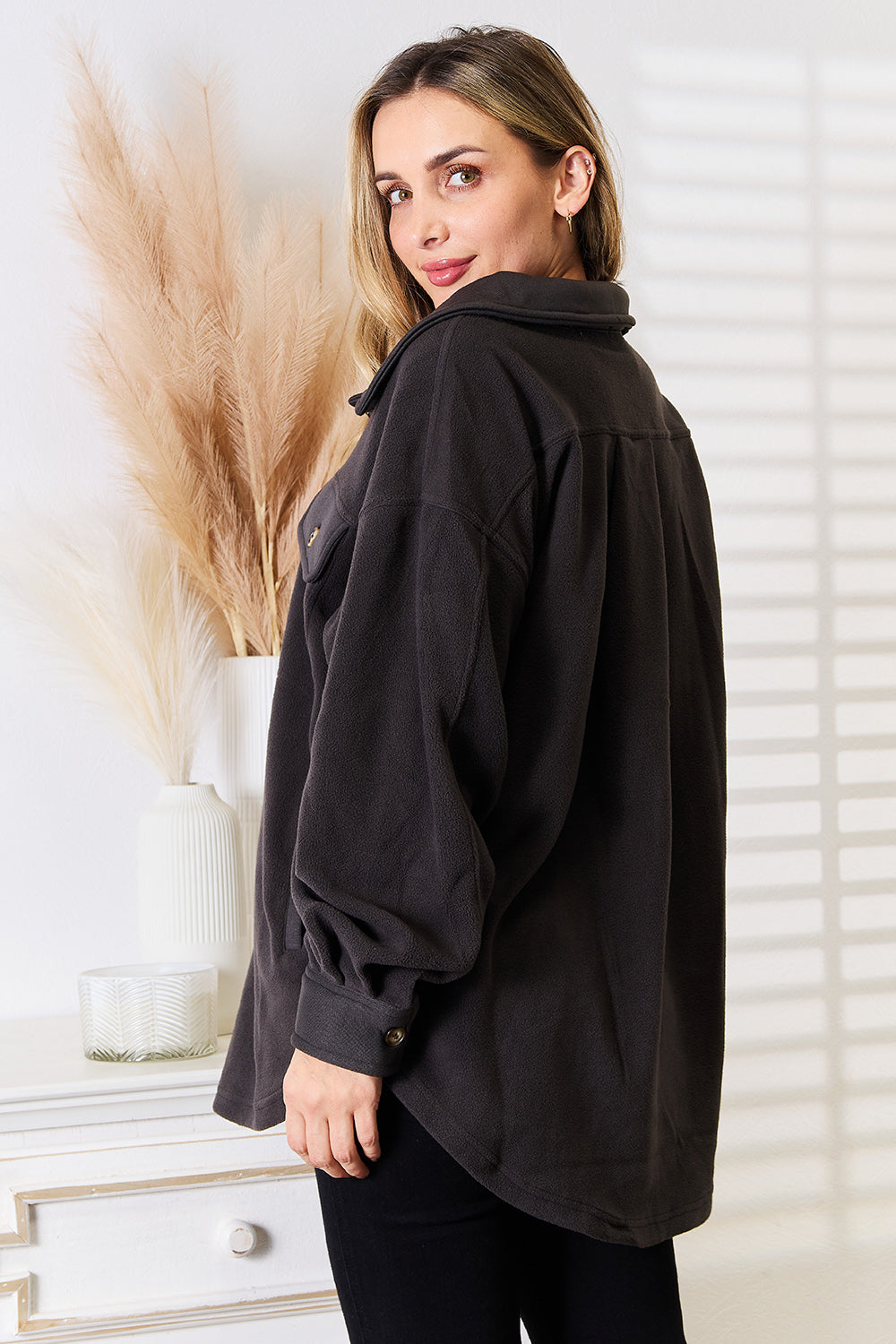 Cozy Girl Button Down Shacket-black