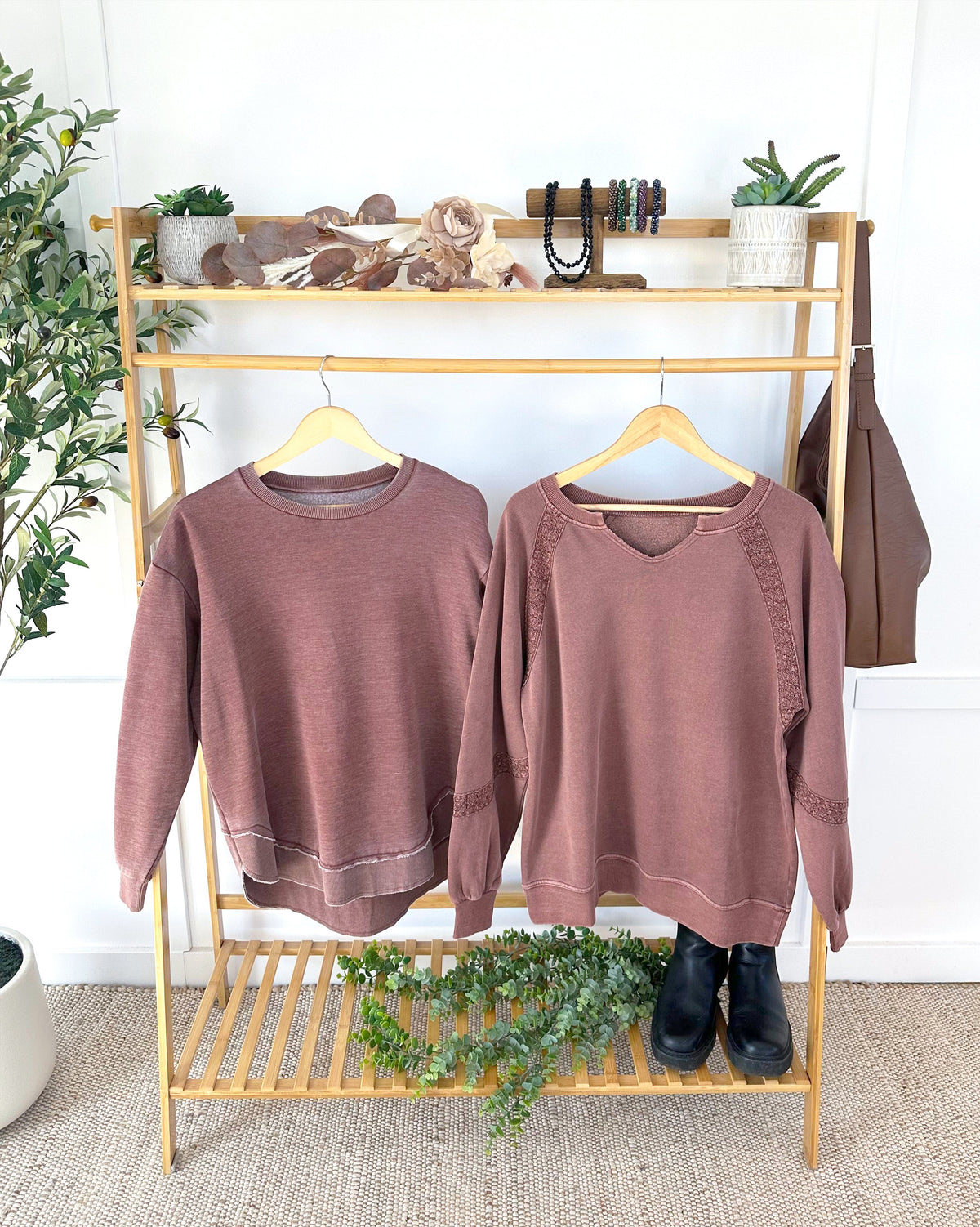 Michelle Mae Lace Accent Vintage Wash Pullover - Brown