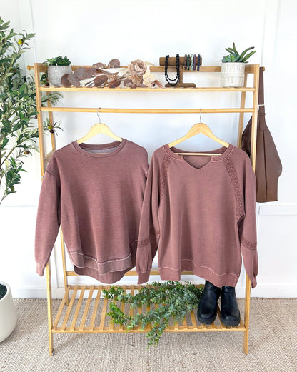 Michelle Mae Lace Accent Vintage Wash Pullover - Brown