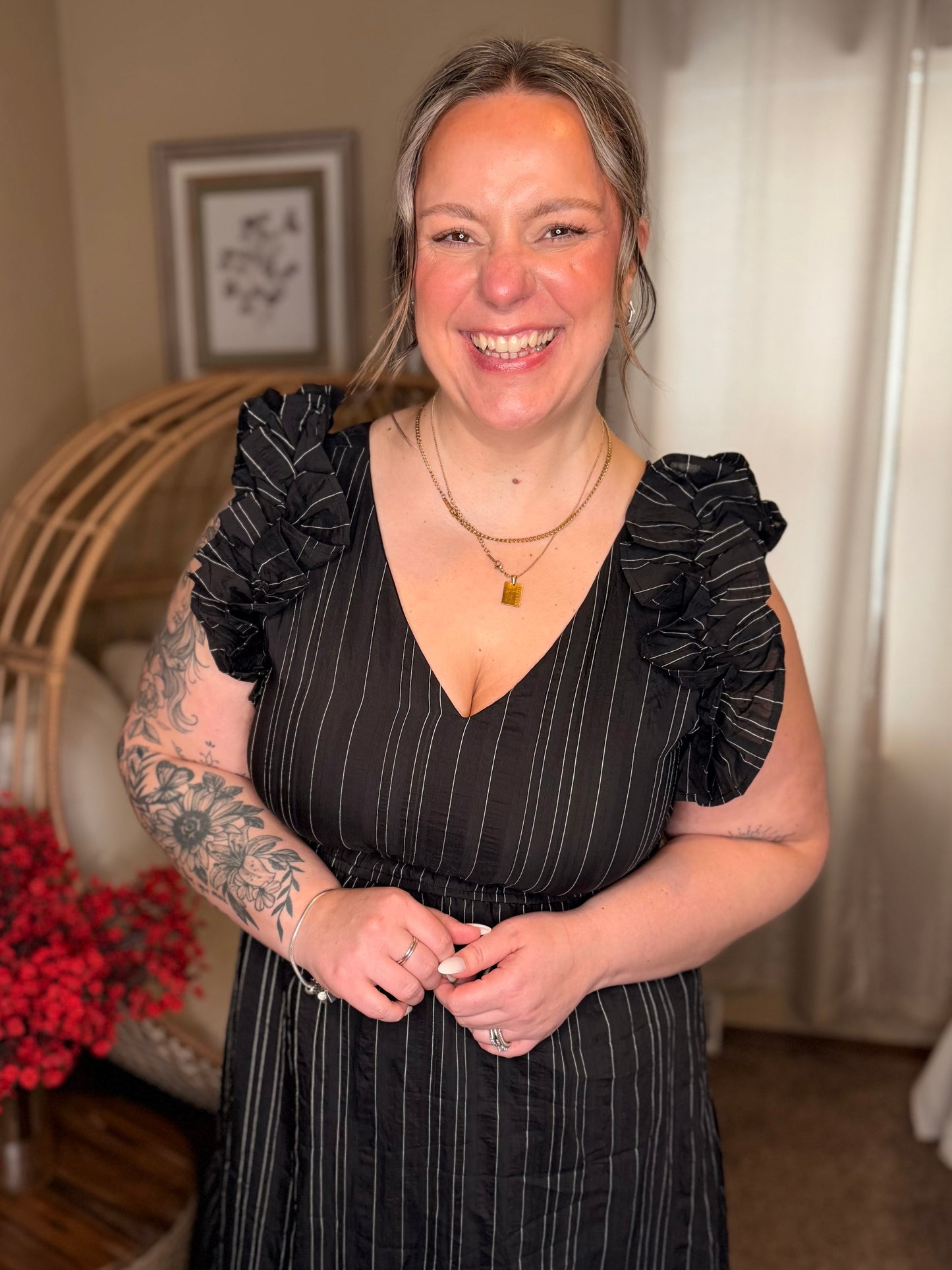 Pinstripe Romance V-Neck Ruffle Sleeve Dress in Black