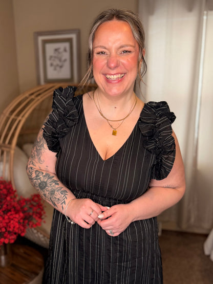 Pinstripe Romance V-Neck Ruffle Sleeve Dress in Black