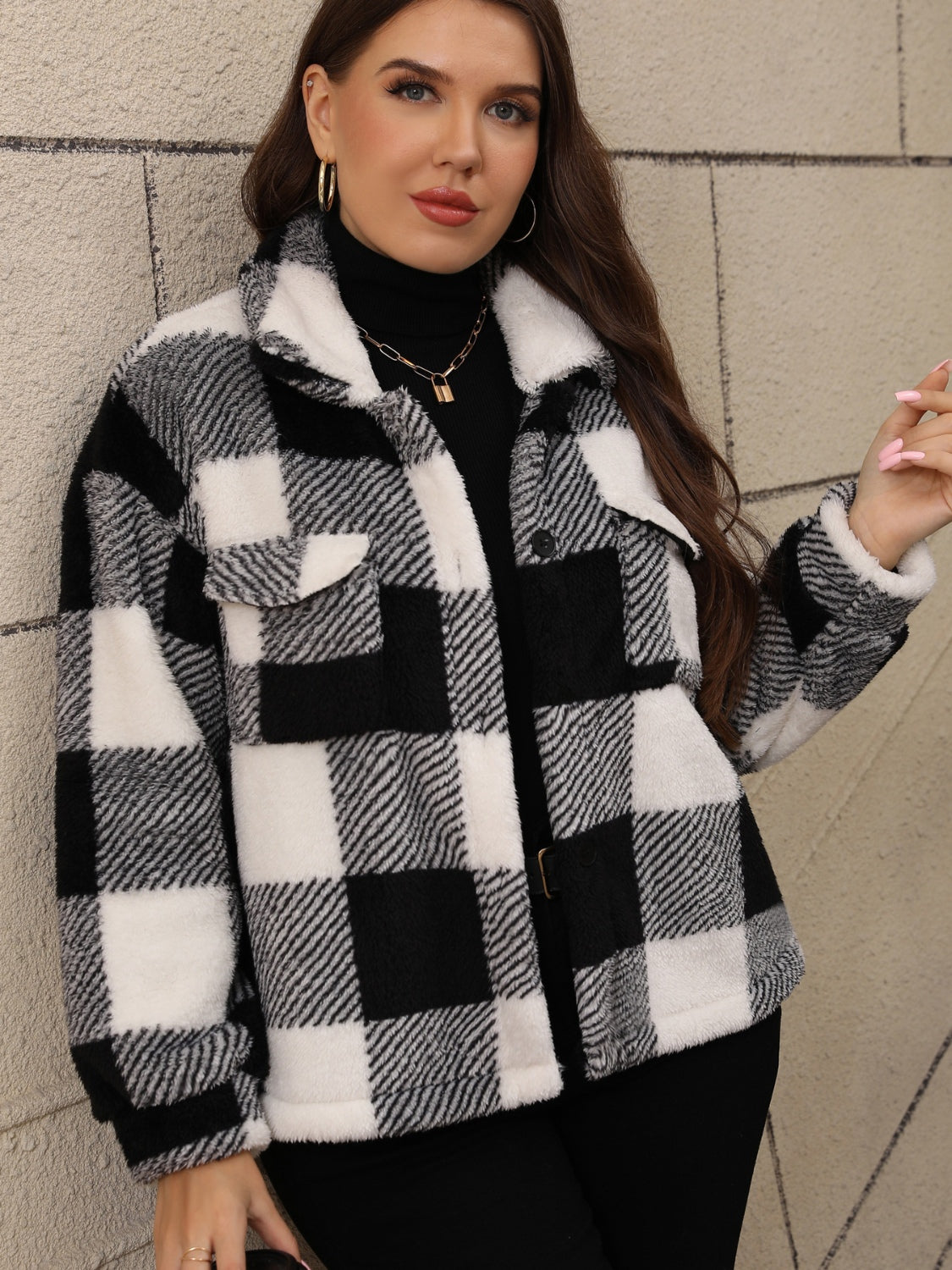 PREORDER - Classic Comfort Pocketed Plaid Collared Neck Jacket (PLUS)