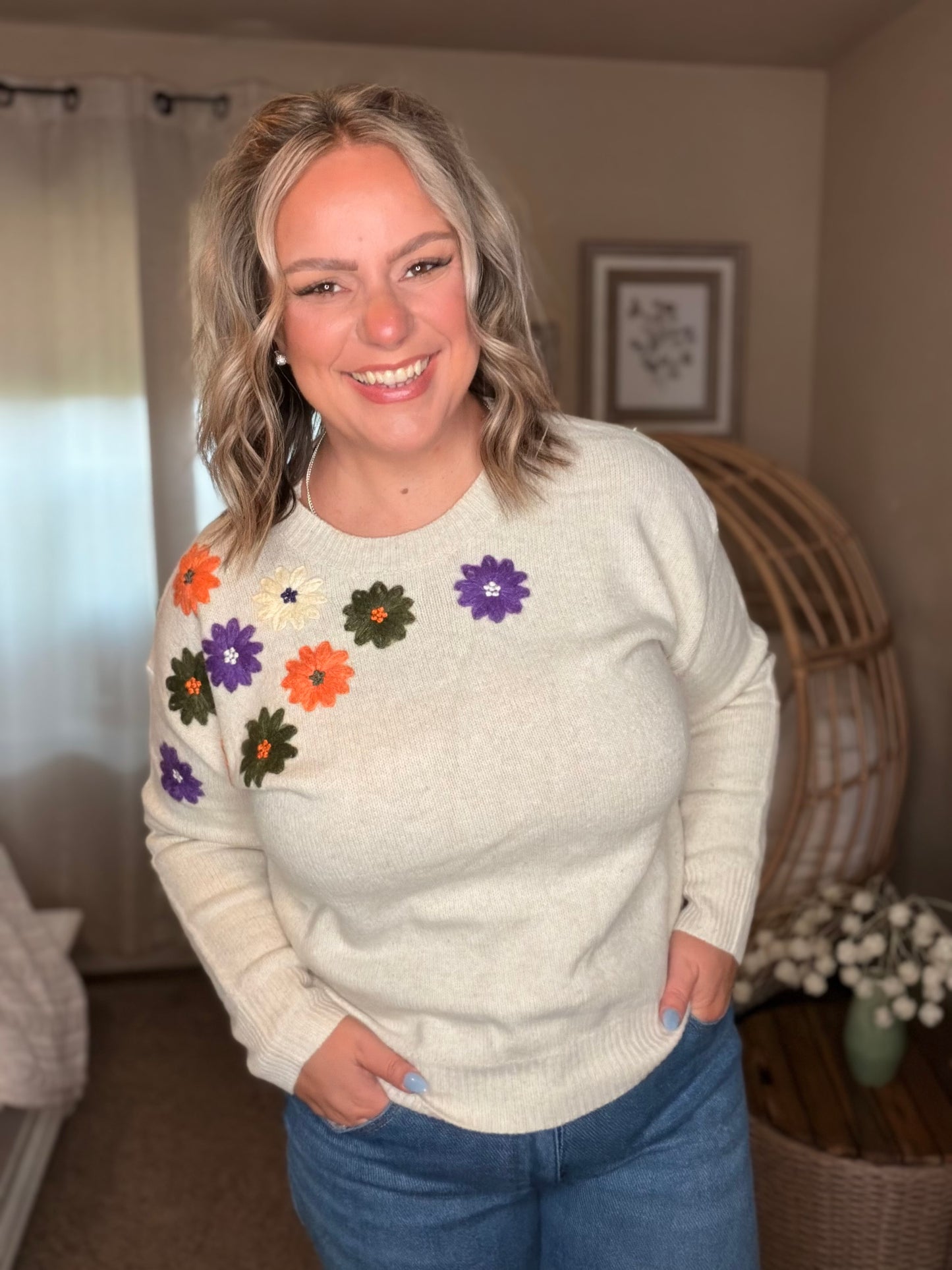 Michelle Mae Fall Floral Sweater - Beige