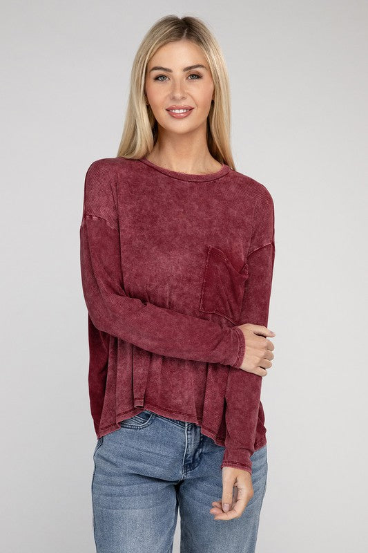 Washed Ribbed Dolman Sleeve Round Neck Top