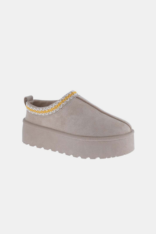 PREORDER - Platform Embroidered Trim Slip-On Boots- Taupe