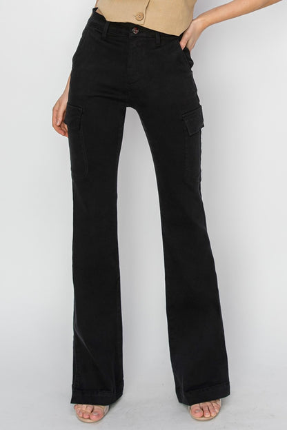 Black Cat Energy High Rise Side Slit Cargo Bootcut Jeans