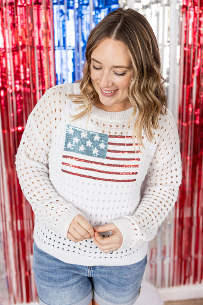 Michelle Mae USA Sequin Flag Open Knit Pullover