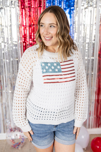 Michelle Mae USA Sequin Flag Open Knit Pullover