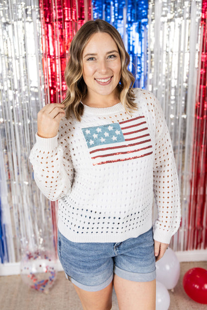 Michelle Mae USA Sequin Flag Open Knit Pullover