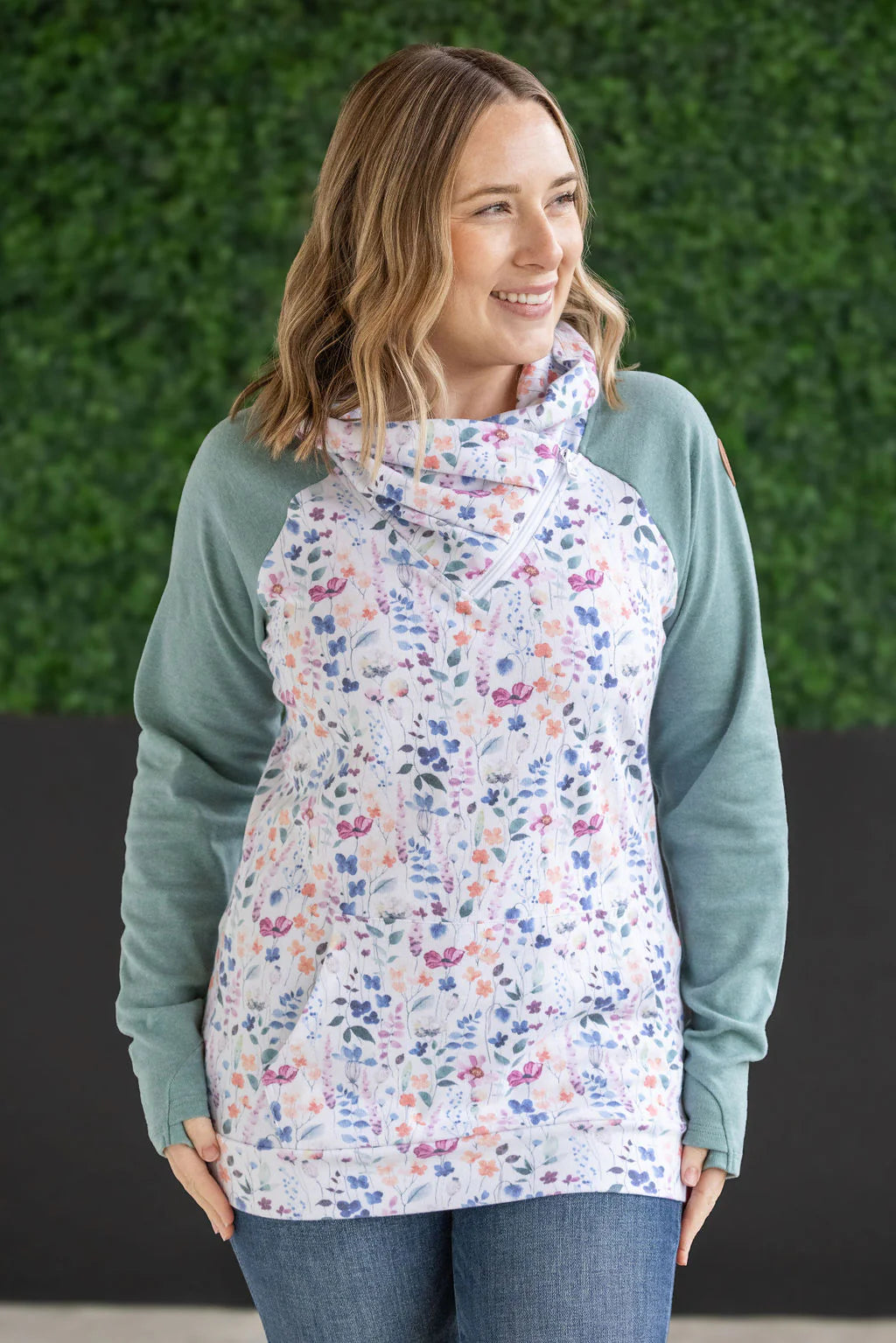 Michelle Mae Zoey ZipCowl Sweatshirt - Sage and Floral Paradise