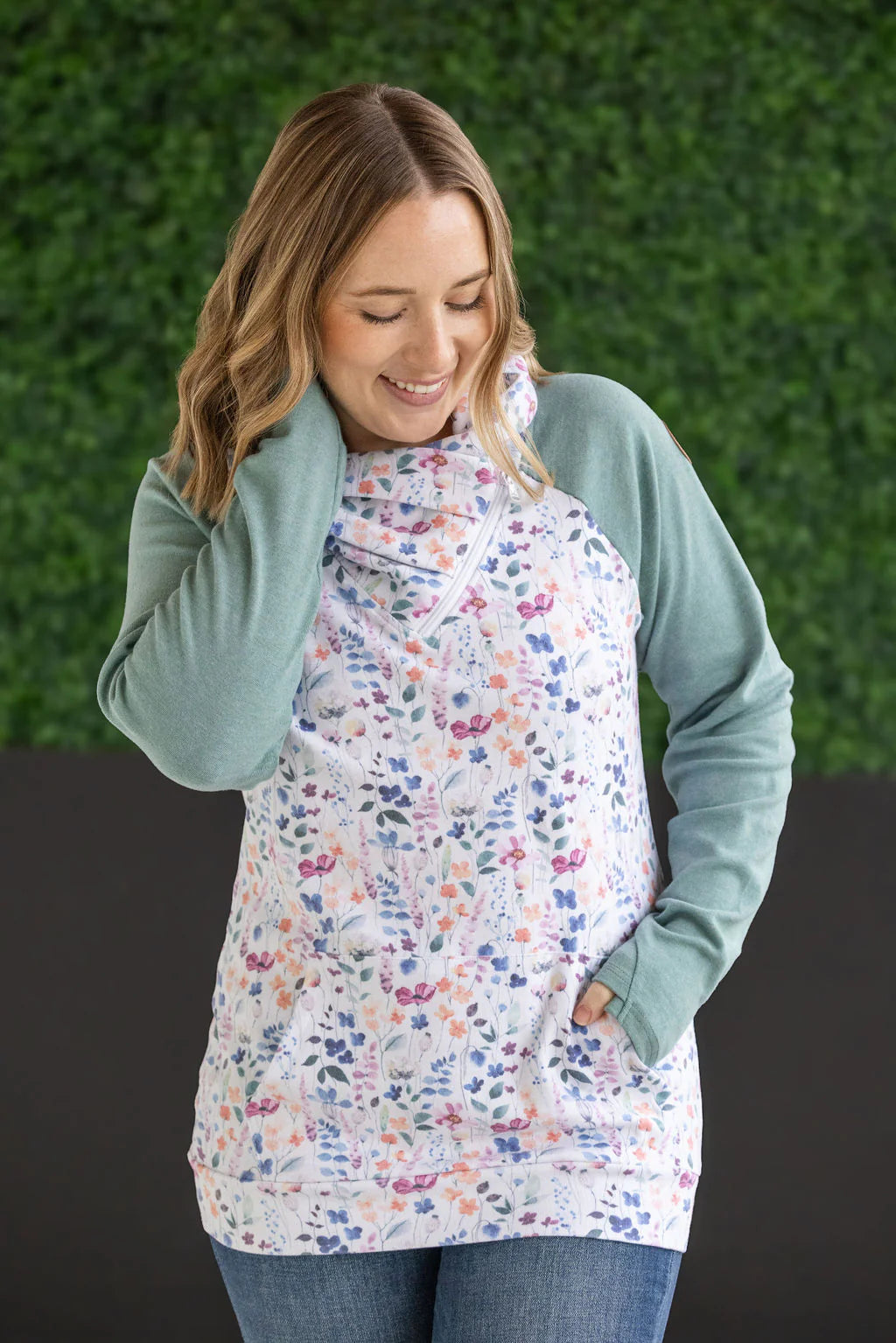 Michelle Mae Zoey ZipCowl Sweatshirt - Sage and Floral Paradise