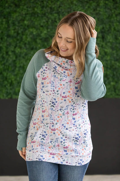 Michelle Mae Zoey ZipCowl Sweatshirt - Sage and Floral Paradise