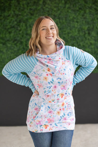 Michelle Mae Zoey ZipCowl Sweatshirt - Watercolor Floral and Stripes