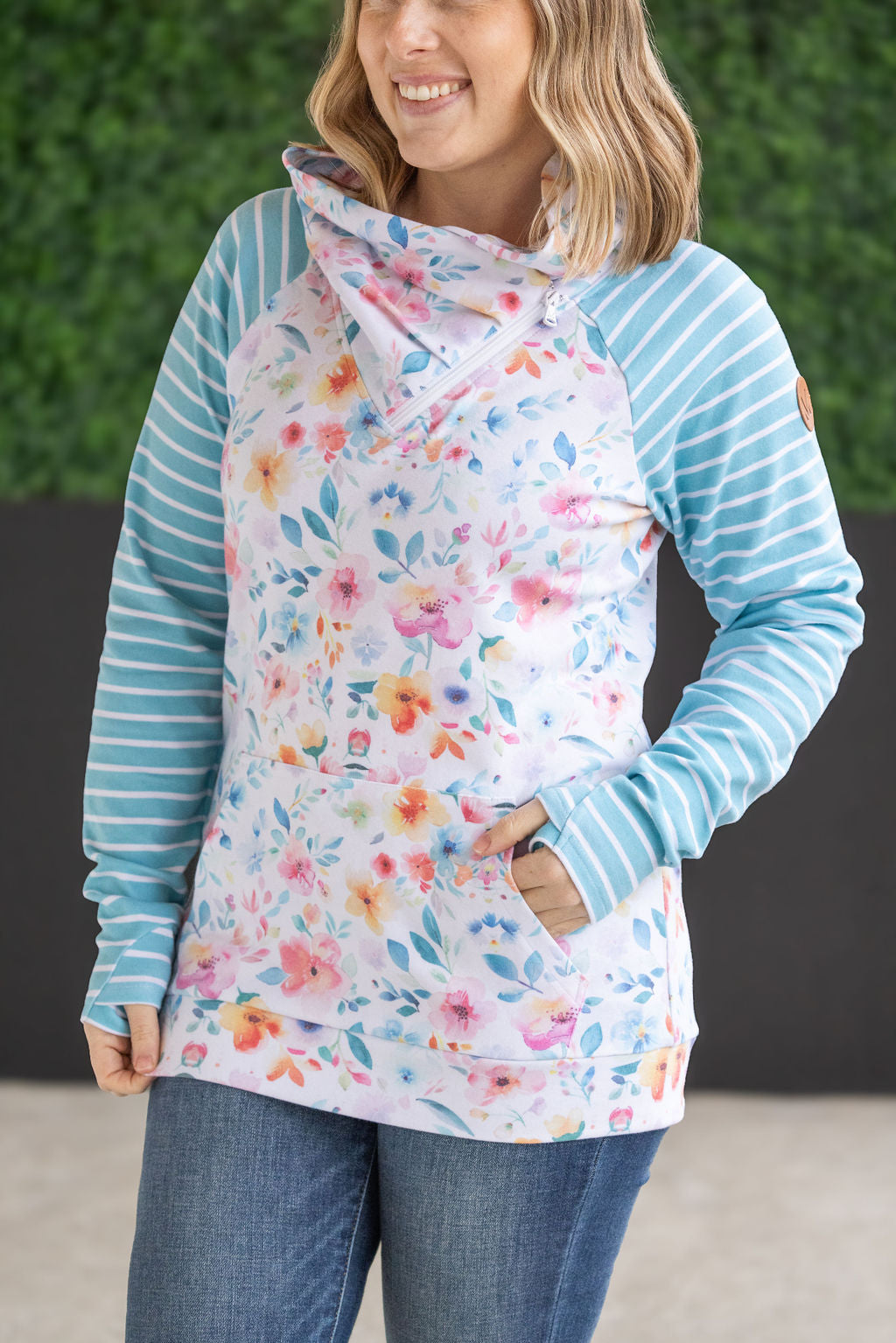 Michelle Mae Zoey ZipCowl Sweatshirt - Watercolor Floral and Stripes