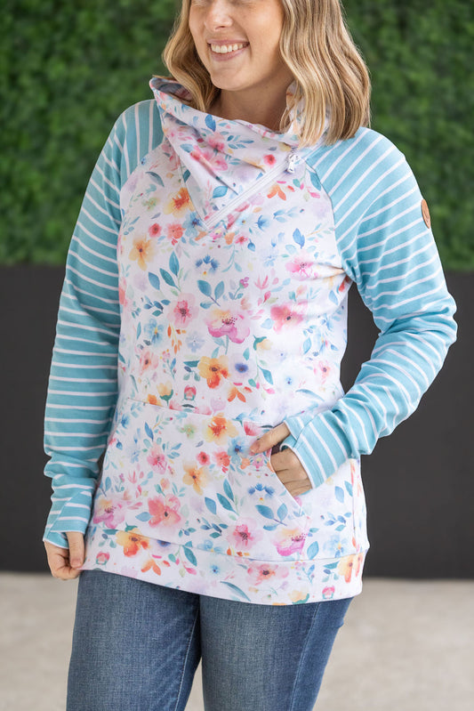 Michelle Mae Zoey ZipCowl Sweatshirt - Watercolor Floral and Stripes