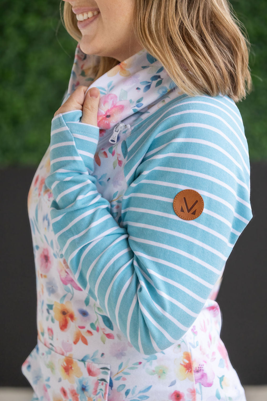 Michelle Mae Zoey ZipCowl Sweatshirt - Watercolor Floral and Stripes