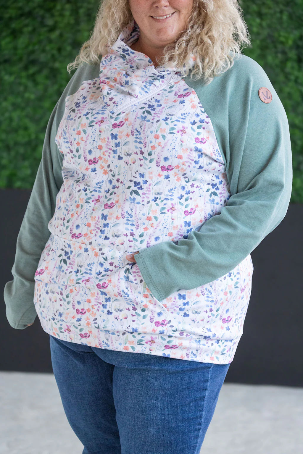 Michelle Mae Zoey ZipCowl Sweatshirt - Sage and Floral Paradise