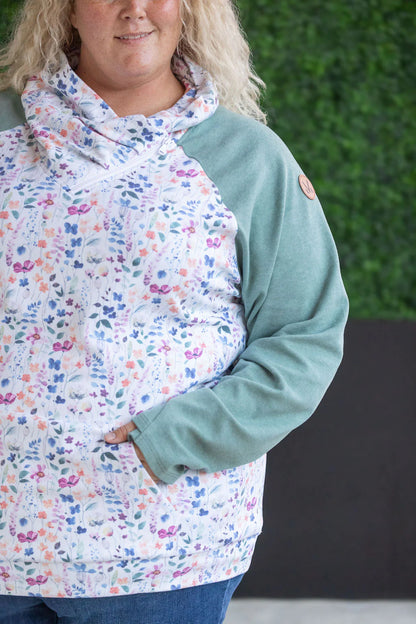 Michelle Mae Zoey ZipCowl Sweatshirt - Sage and Floral Paradise