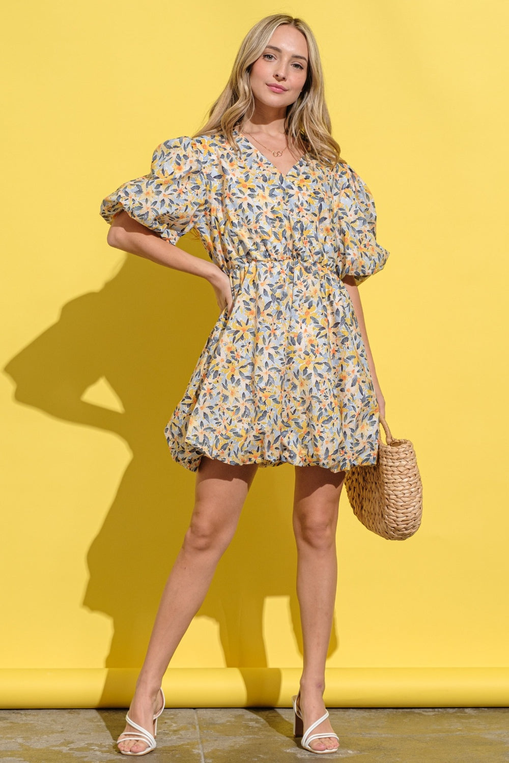 Locked In Puff Sleeve Dress- Yellow Multi