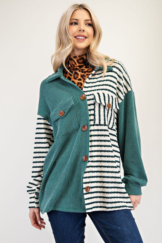 The Drop-Shoulder Stripes Shacket- Turquoise