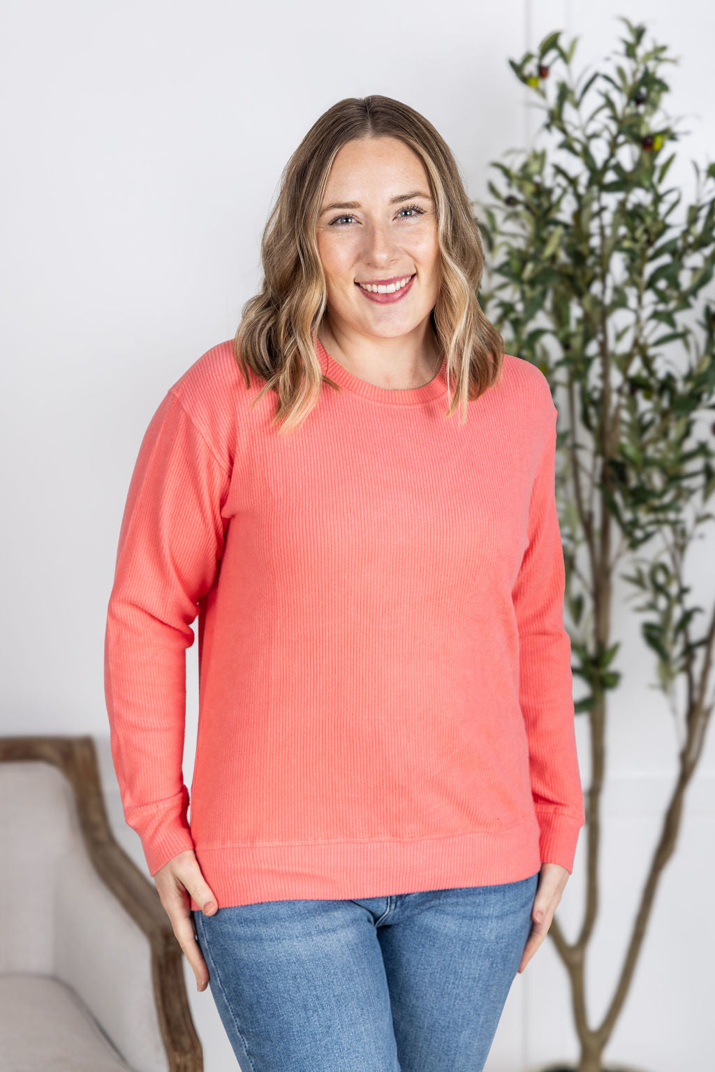 Michelle Mae Corrine Ribbed Pullover Top - Coral