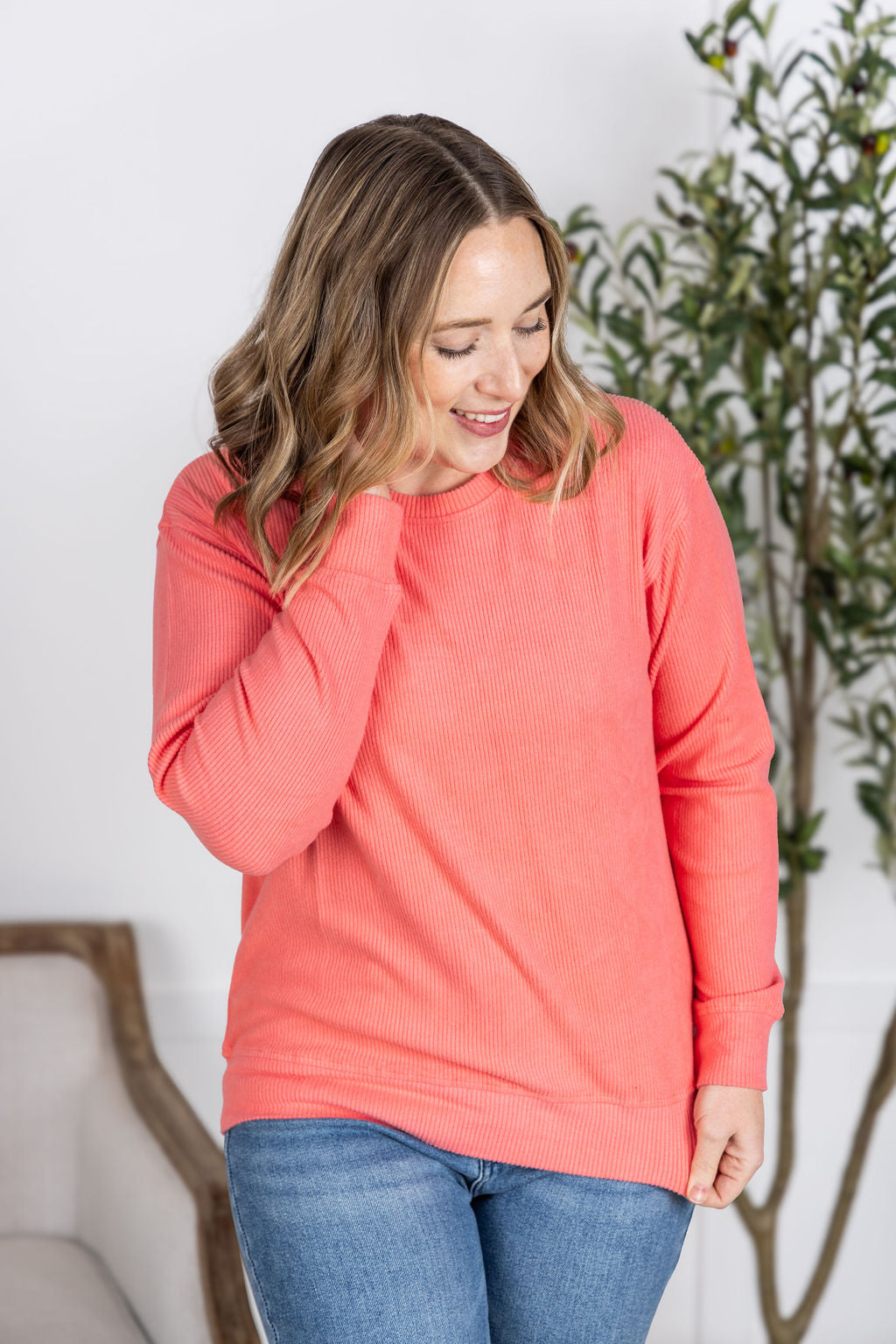 Michelle Mae Corrine Ribbed Pullover Top - Coral