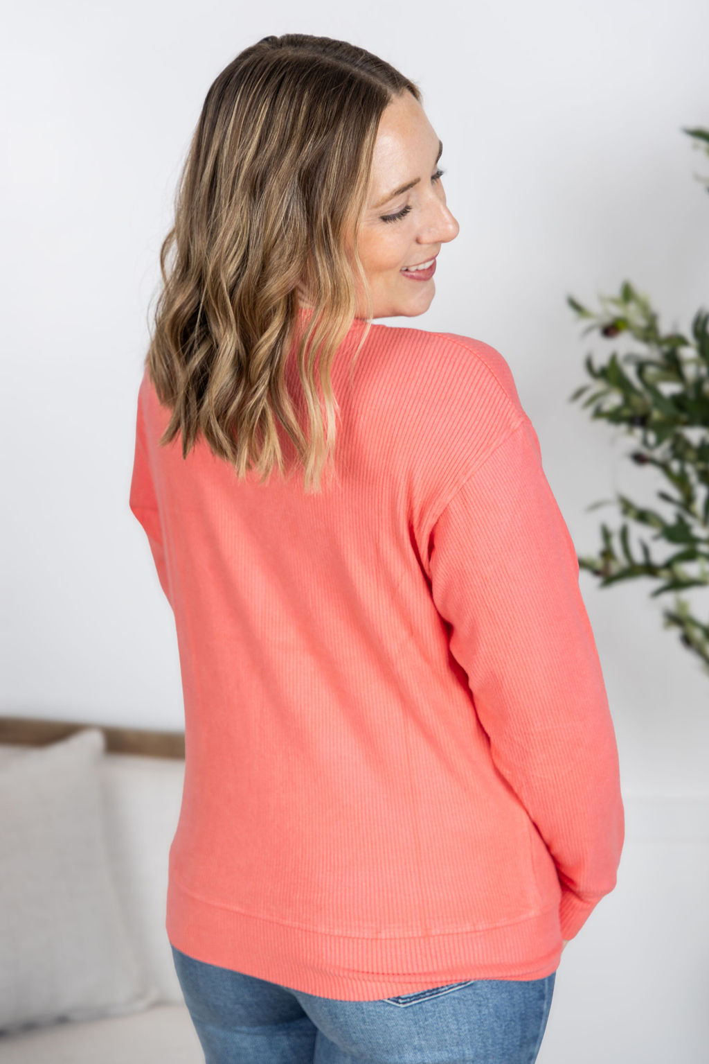 Michelle Mae Corrine Ribbed Pullover Top - Coral