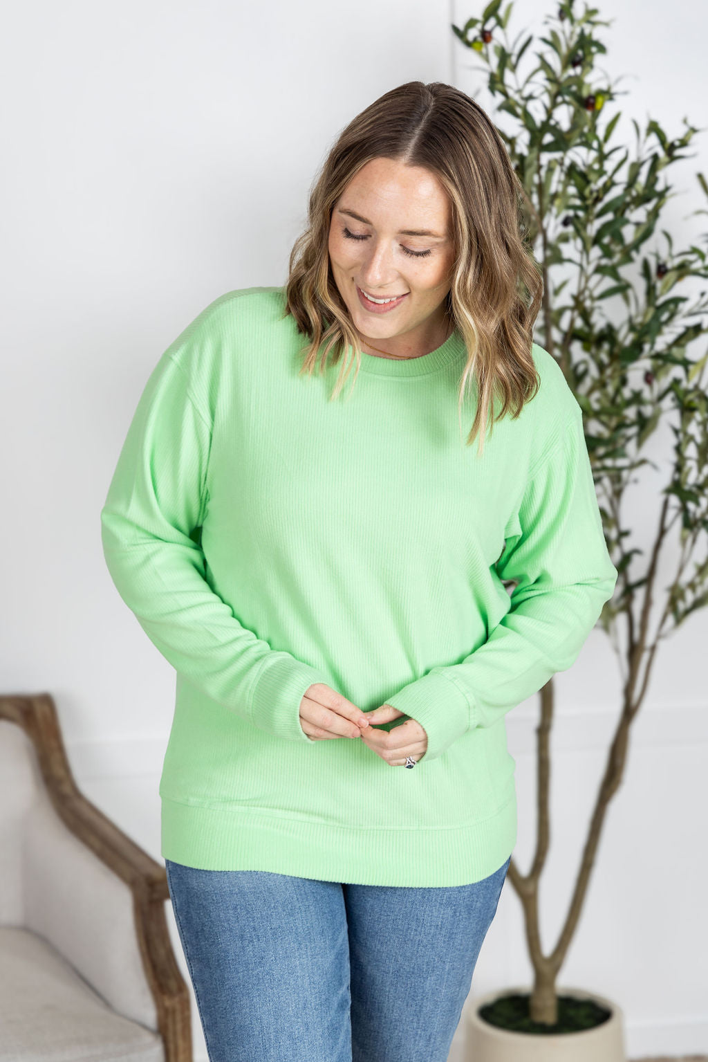 Michelle Mae Corrine Ribbed Pullover Top - Lime