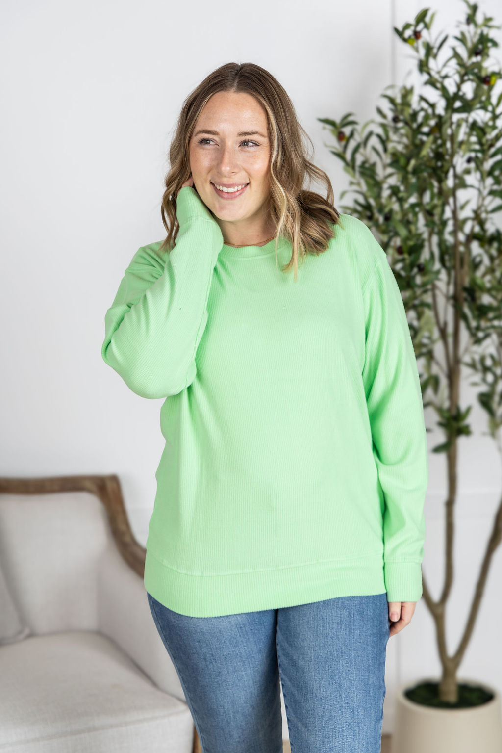 Michelle Mae Corrine Ribbed Pullover Top - Lime