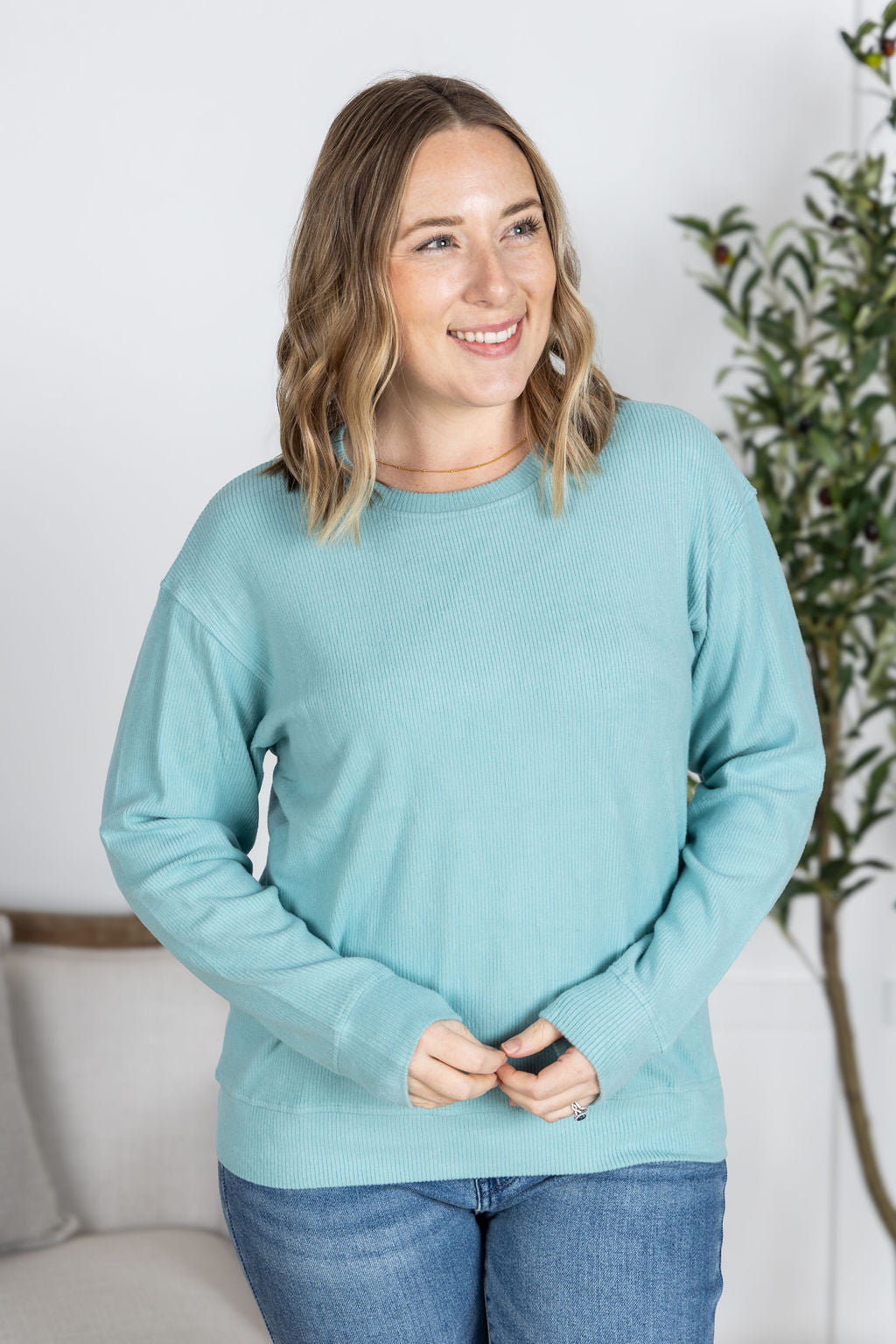 Michelle Mae Corrine Ribbed Pullover Top - Dusty Blue