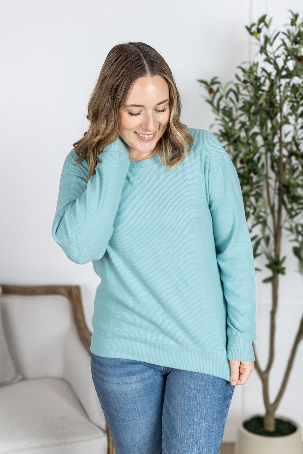 Michelle Mae Corrine Ribbed Pullover Top - Dusty Blue