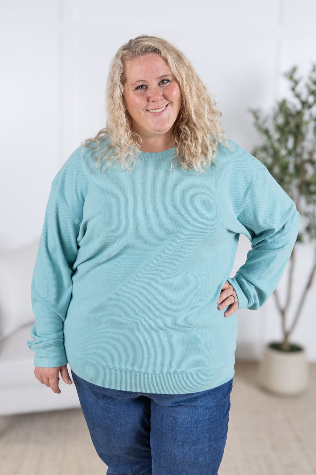 Michelle Mae Corrine Ribbed Pullover Top - Dusty Blue