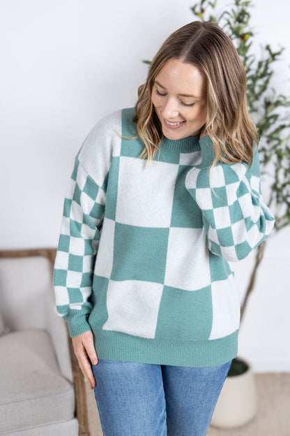 Michelle Mae Checkered Pullover Sweater - Dusty Jade