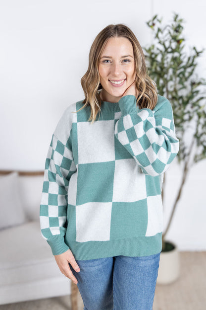 Michelle Mae Checkered Pullover Sweater - Dusty Jade