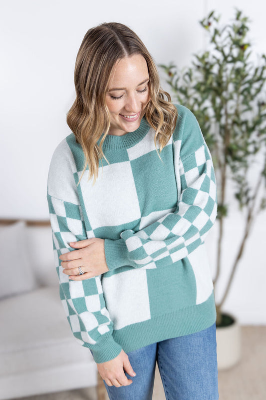 Michelle Mae Checkered Pullover Sweater - Dusty Jade