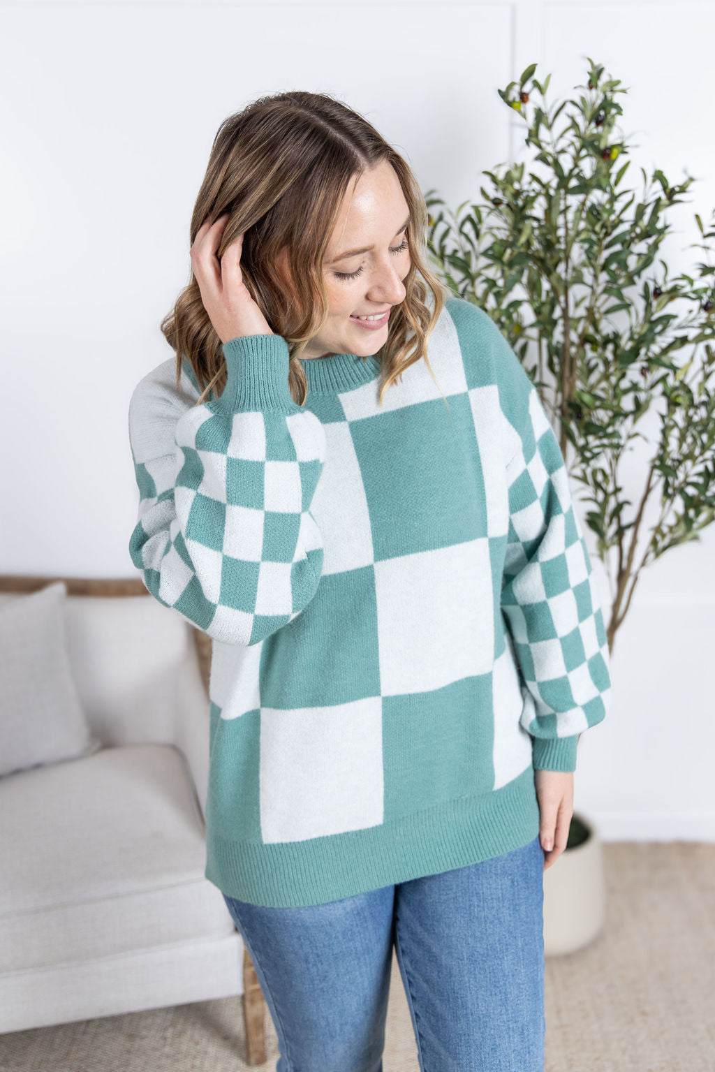 Michelle Mae Checkered Pullover Sweater - Dusty Jade