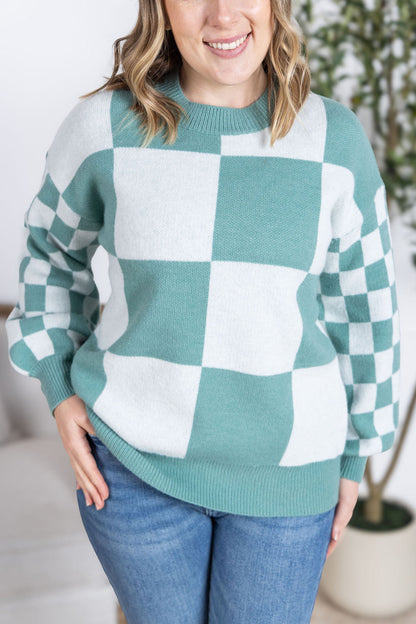 Michelle Mae Checkered Pullover Sweater - Dusty Jade
