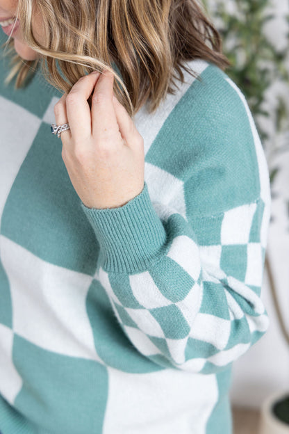 Michelle Mae Checkered Pullover Sweater - Dusty Jade