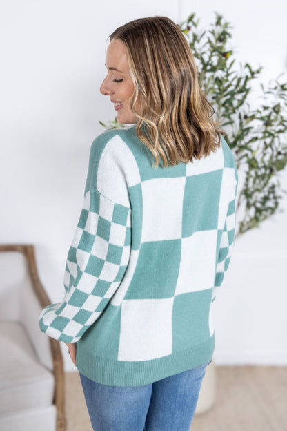 Michelle Mae Checkered Pullover Sweater - Dusty Jade