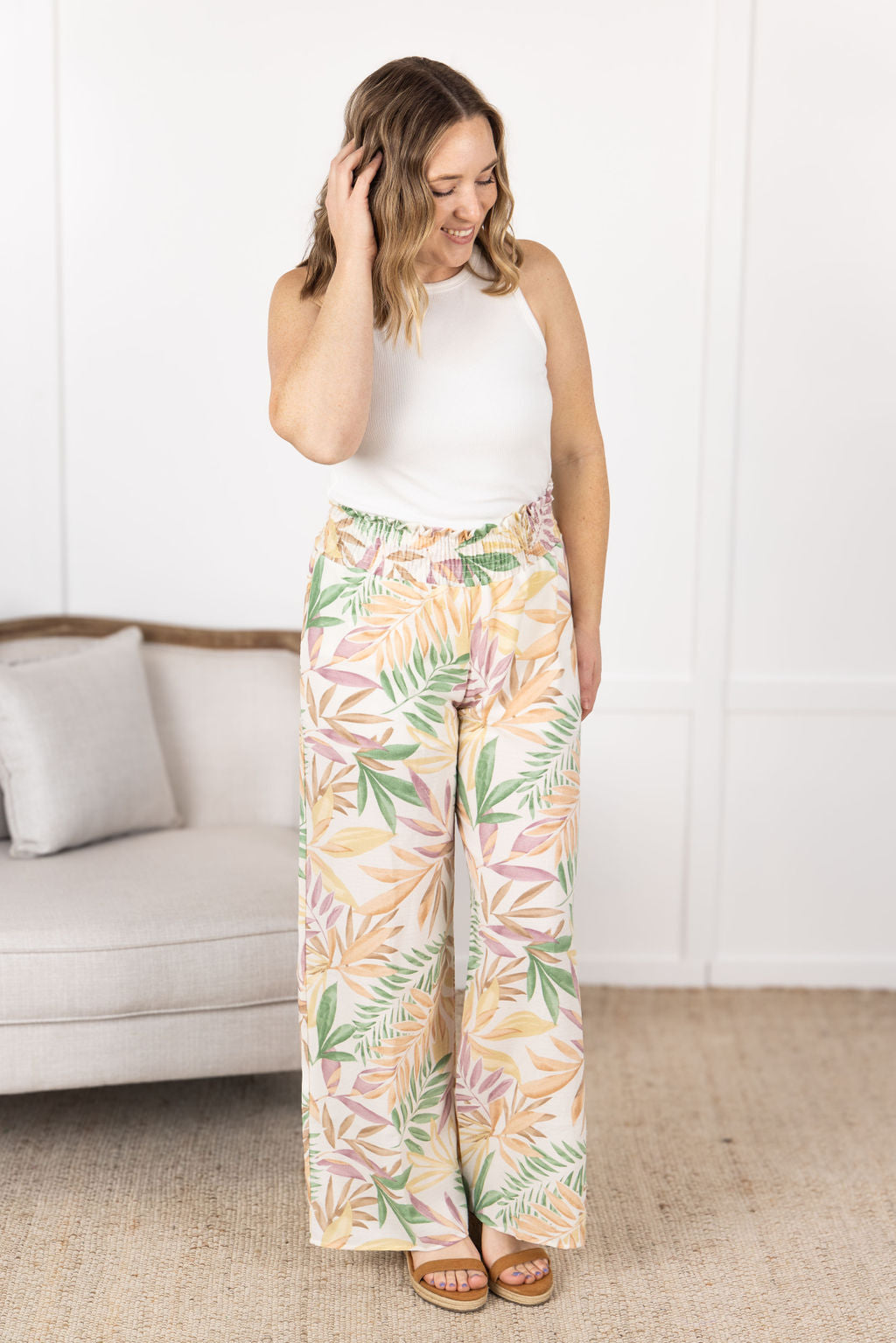 Michelle Mae Presley Palazzo Pants - Mauve and Green Palm