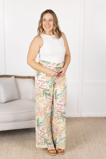 Michelle Mae Presley Palazzo Pants - Mauve and Green Palm