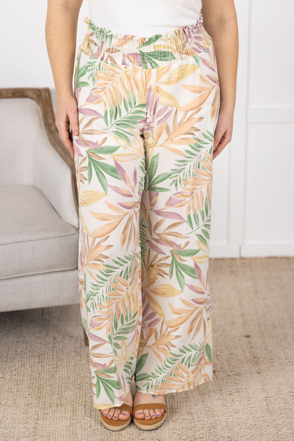 Michelle Mae Presley Palazzo Pants - Mauve and Green Palm