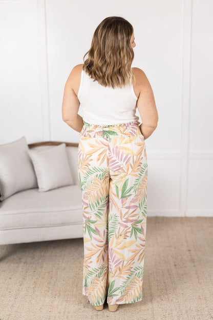 Michelle Mae Presley Palazzo Pants - Mauve and Green Palm