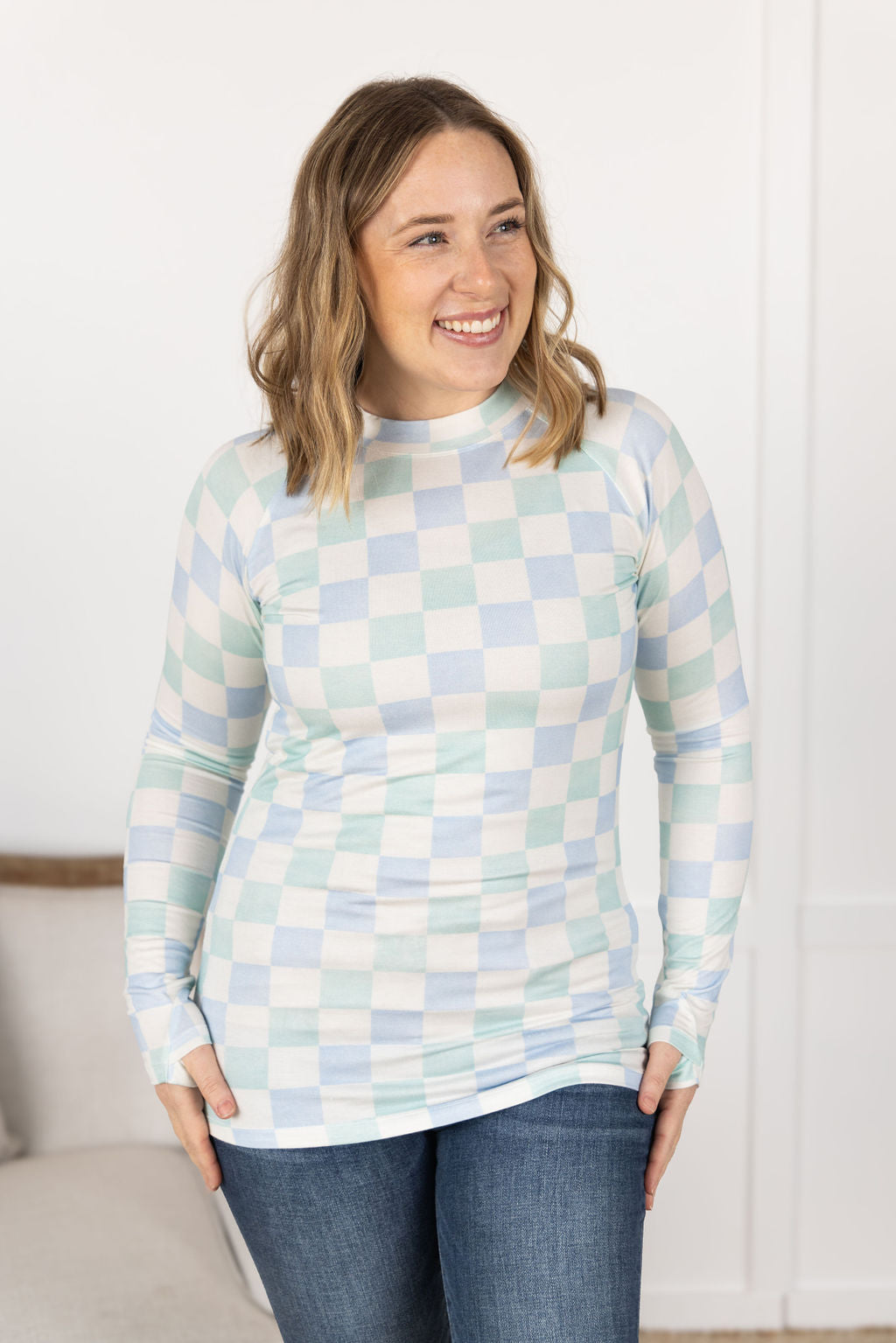 Michelle Mae Blair Long Sleeve Top - Blue and Mint Checker MM EXCLUSIVE